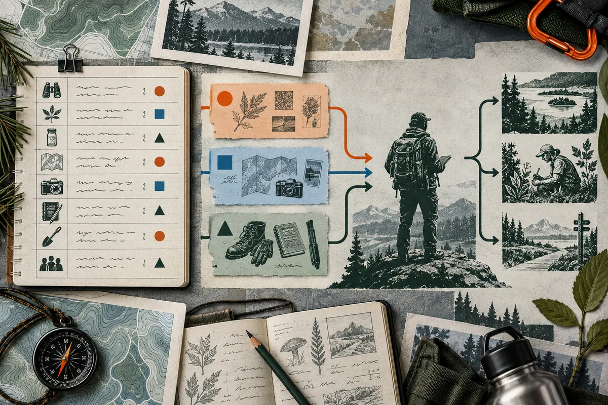 An illustrated task ledger and three colored work panels flow toward a backpacked figure at a mountain overlook, then branch to scenes of fieldwork; maps, photos, a compass, pencil, and canteen surround the layout.