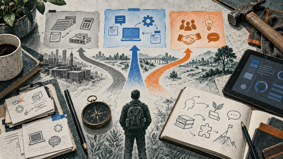An illustrated figure with a backpack stands at the center of a map where three paths lead toward panels showing papers and a calculator, a laptop and gears, and people talking and shaking hands. A compass, notebooks, pencils, a tablet, a mug, and a hammer surround the map.