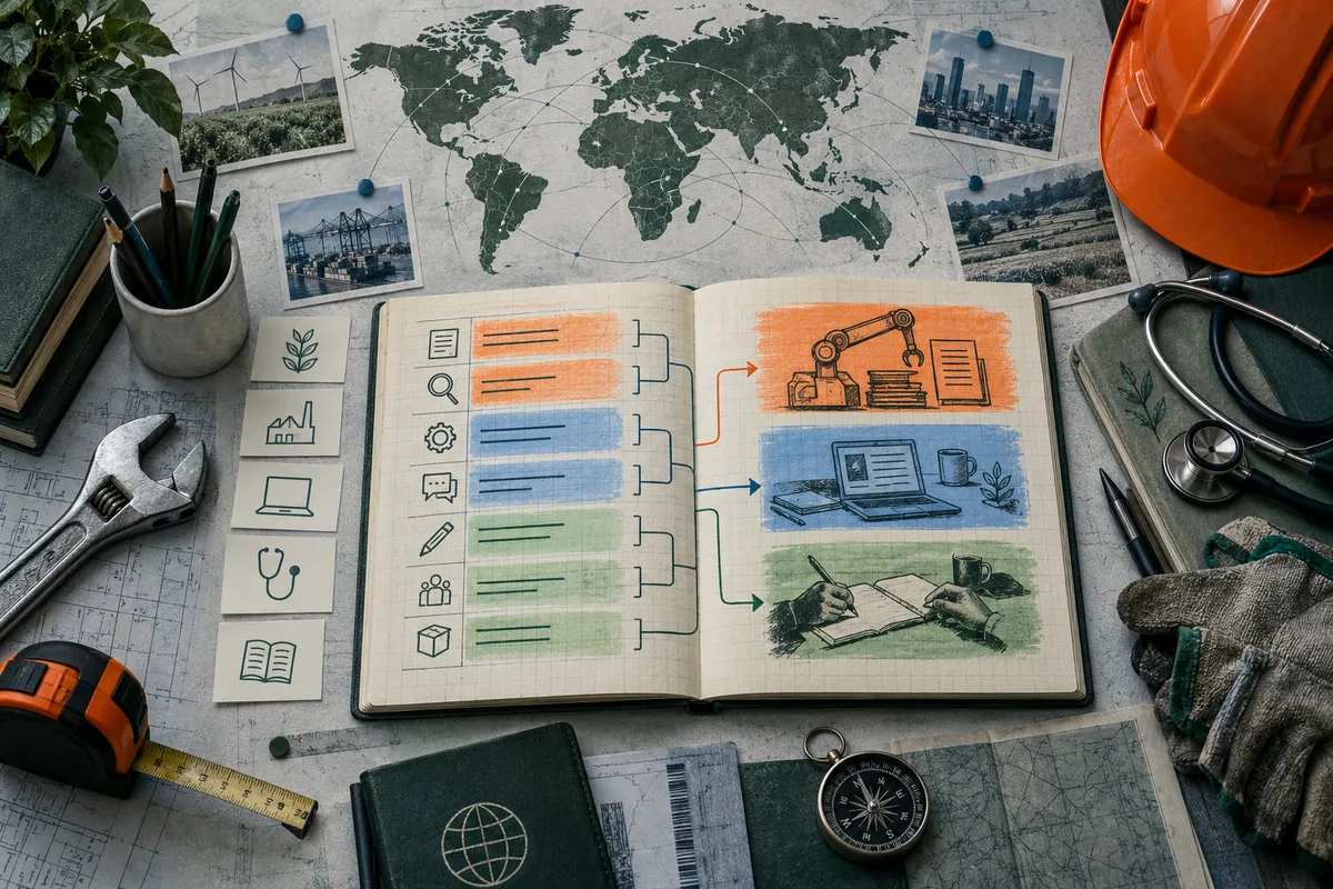 An open notebook with color-coded task rows branching toward sketches of a robotic arm, a laptop, and hands writing, on a world map among work tools.