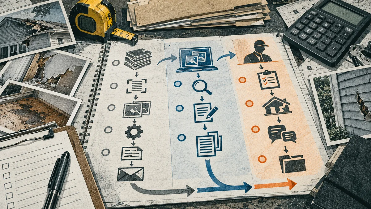 An open notebook shows three columns of task icons connected by arrows, surrounded by house damage photos, a measuring tape, calculator, and paperwork.