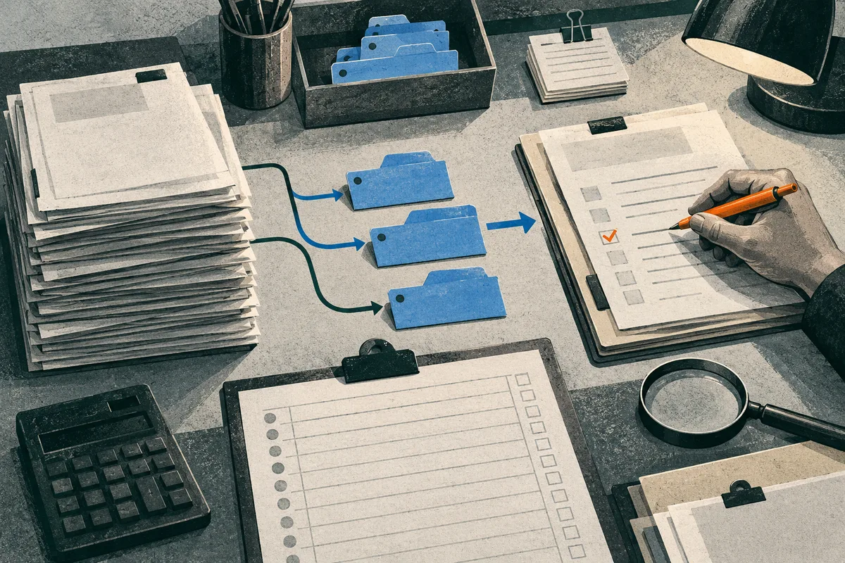 Stacks of papers connect by arrows to three blue folders and a checklist being marked by hand, with a calculator, magnifying glass, and desk lamp nearby.