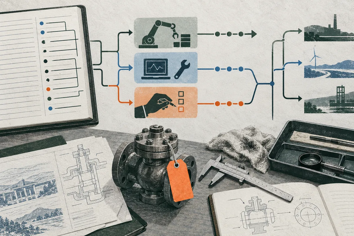 A workbench with a metal valve, technical drawings, a clipboard, and measuring tools sits beneath a branching diagram linking robot, computer, and checklist icons to factory and wind turbine scenes.