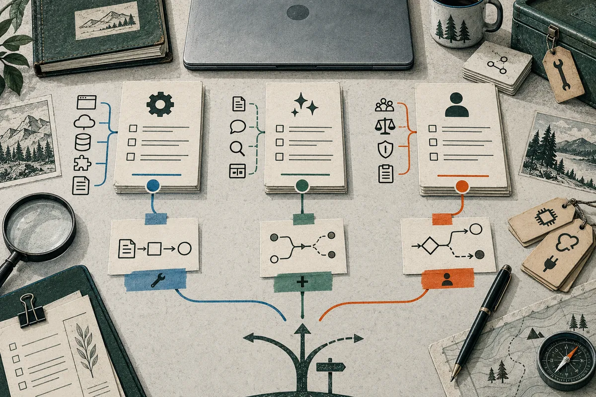Three illustrated task cards connect by colored lines to flow diagrams and a branching signpost, surrounded by a laptop, notebook, mug, and field tools.