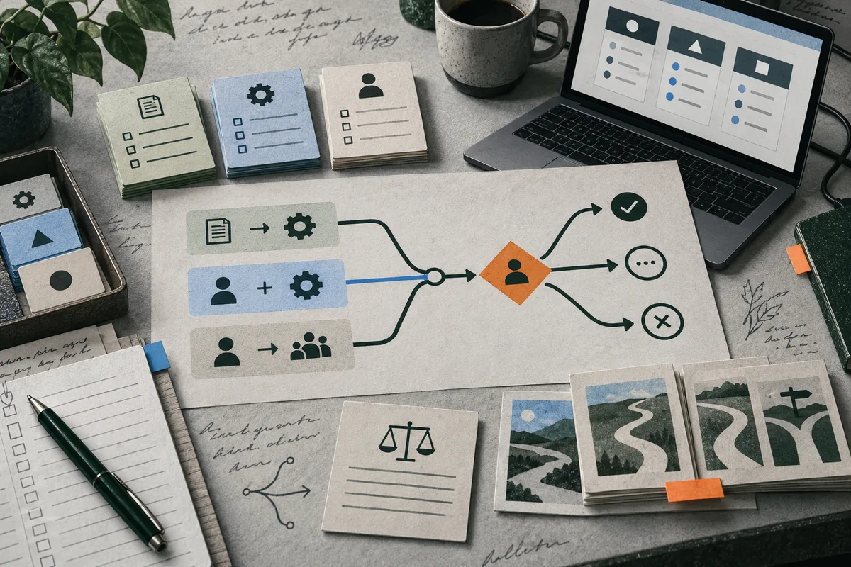 A paper workflow diagram combines document, gear, and people icons before branching toward check, speech, and cross symbols; task cards, a laptop, and winding path illustrations surround it.