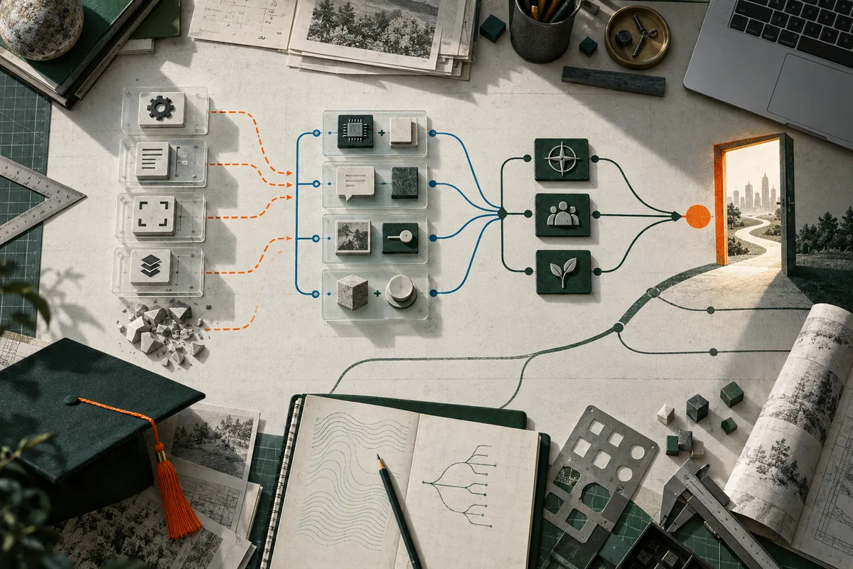 Top-down view of a worktable with grouped icon cards connected by blue, green, and orange lines, an open notebook, drafting tools, and a doorway leading toward a city skyline.