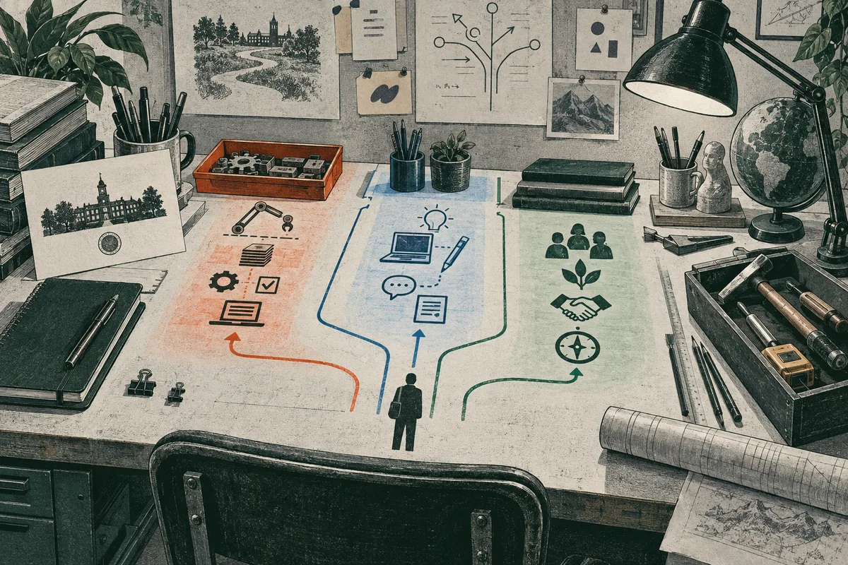 Desk scene with three colored pathways of icons, a small standing figure at the bottom, books, plants, a globe, a lamp, and hand tools.