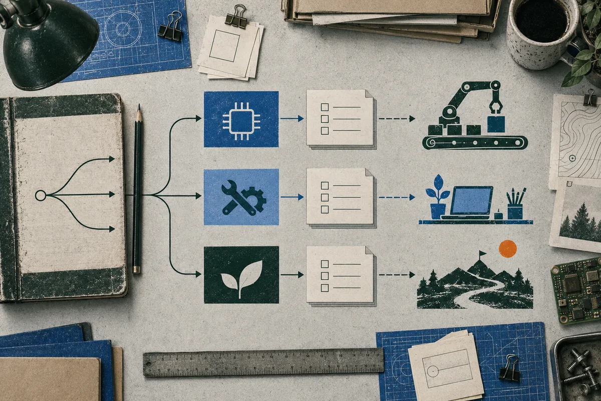 Top-down diagram showing one branching line leading to three rows of chip, tools, and leaf icons, checklists, a robotic arm, a laptop with a plant, and a winding landscape path.