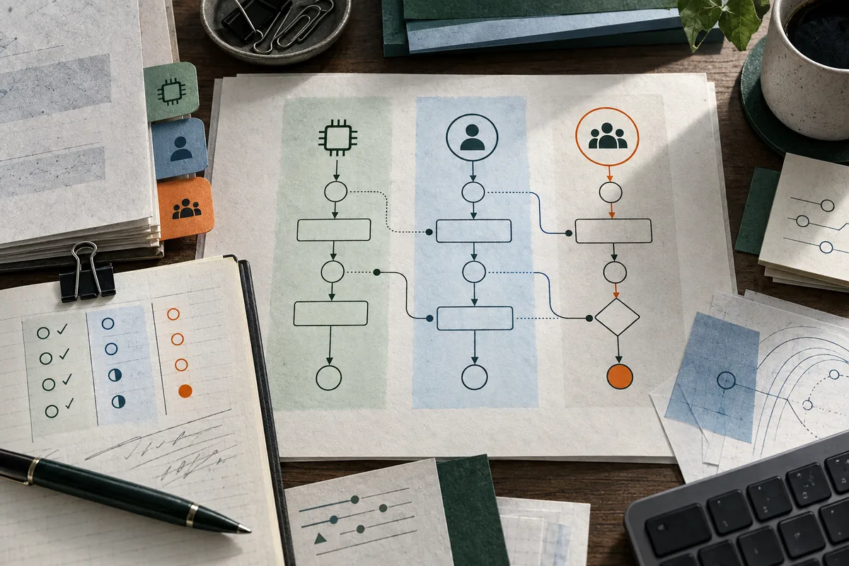 Three vertical task-flow diagrams with chip, person, and group icons sit on a desk among checklists, notes, and a keyboard.