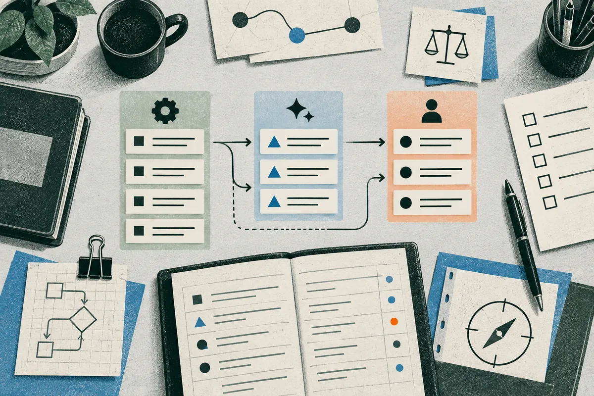 Three colored columns of task cards are connected by arrows, surrounded by notes, a balance-scale sketch, a compass, and desk items.