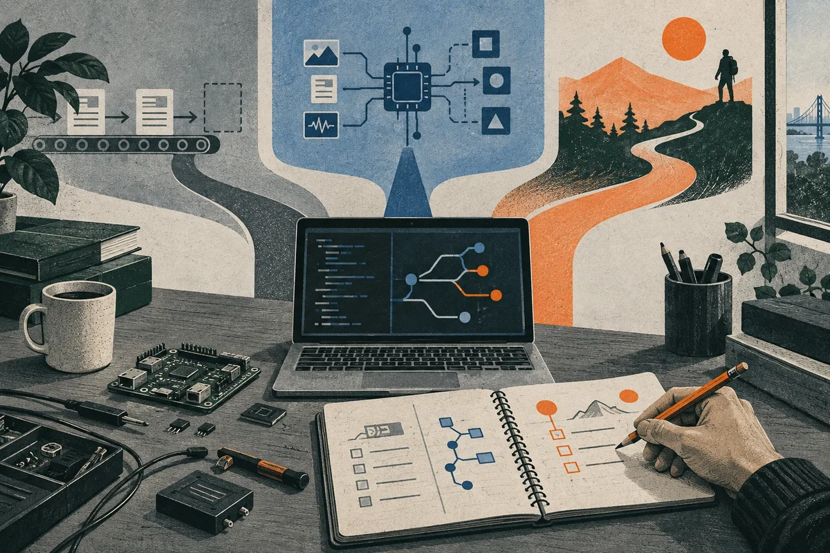 A laptop and open notebook with branching diagrams sit on a workbench, beneath illustrated routes through a circuit graphic and a mountain landscape.