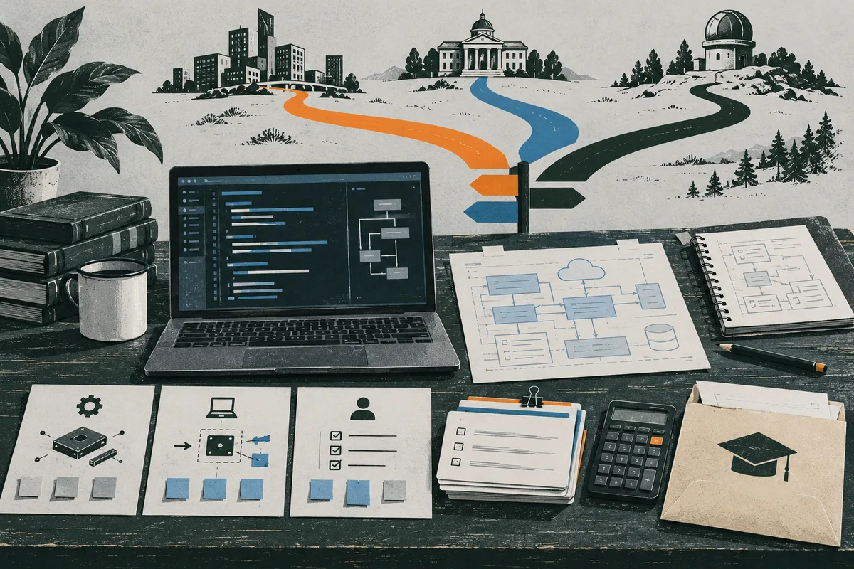 A laptop, flowcharts, checklists, and calculator sit on a desk beneath three colored paths leading toward city buildings, a domed building, and an observatory. A graduation cap appears on an envelope at the lower right.