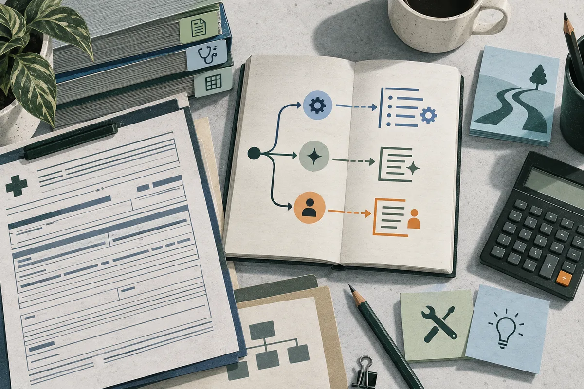 Overhead illustration of paperwork and binders beside an open notebook with three branching paths of icons and task lists, with a calculator, pencil, coffee cup, and small work notes around the desk.