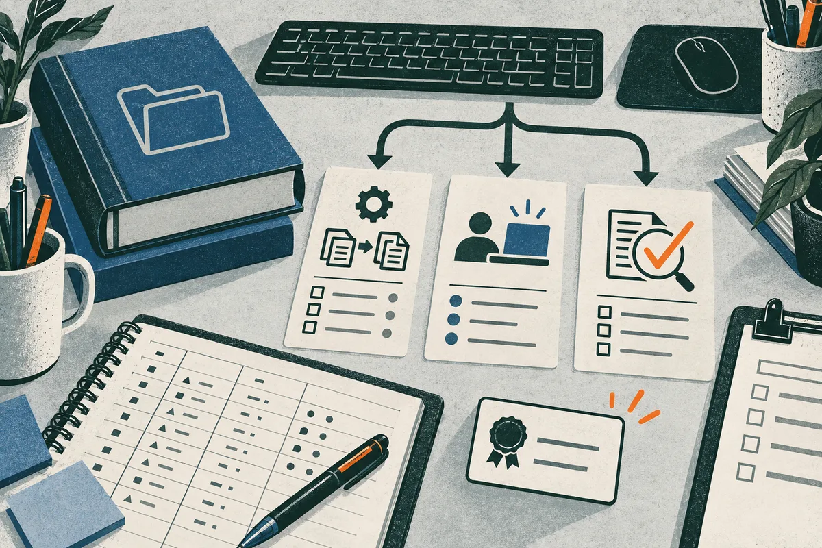 Overhead illustration of a desk with binders, keyboard, mouse, and three paper cards showing document processing, a person at a computer, and a checklist with a magnifying glass and orange check mark; a calendar and certificate card sit below.