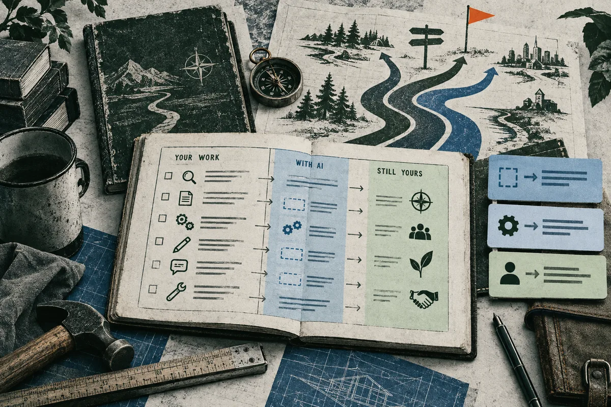 Overhead illustration of an open notebook with task icons and arrows between columns labeled "YOUR WORK," "WITH AI," and "STILL YOURS." A map with branching paths, a compass, books, a mug, a hammer, a ruler, and blueprints surround it.