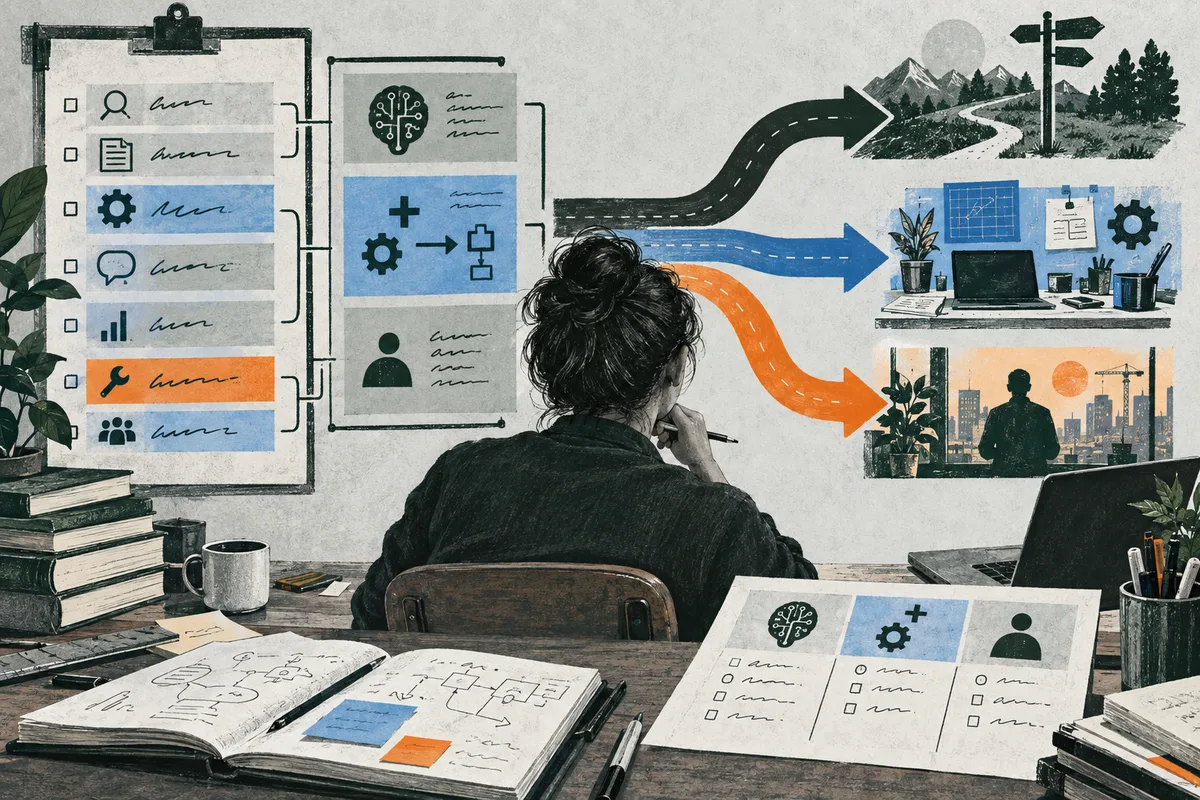 Illustration of a person viewed from behind at a desk, facing task checklists and diagrams. Black, blue, and orange arrows lead toward a mountain path, a laptop workspace, and a city scene. Notebooks, books, and a mug sit on the desk.