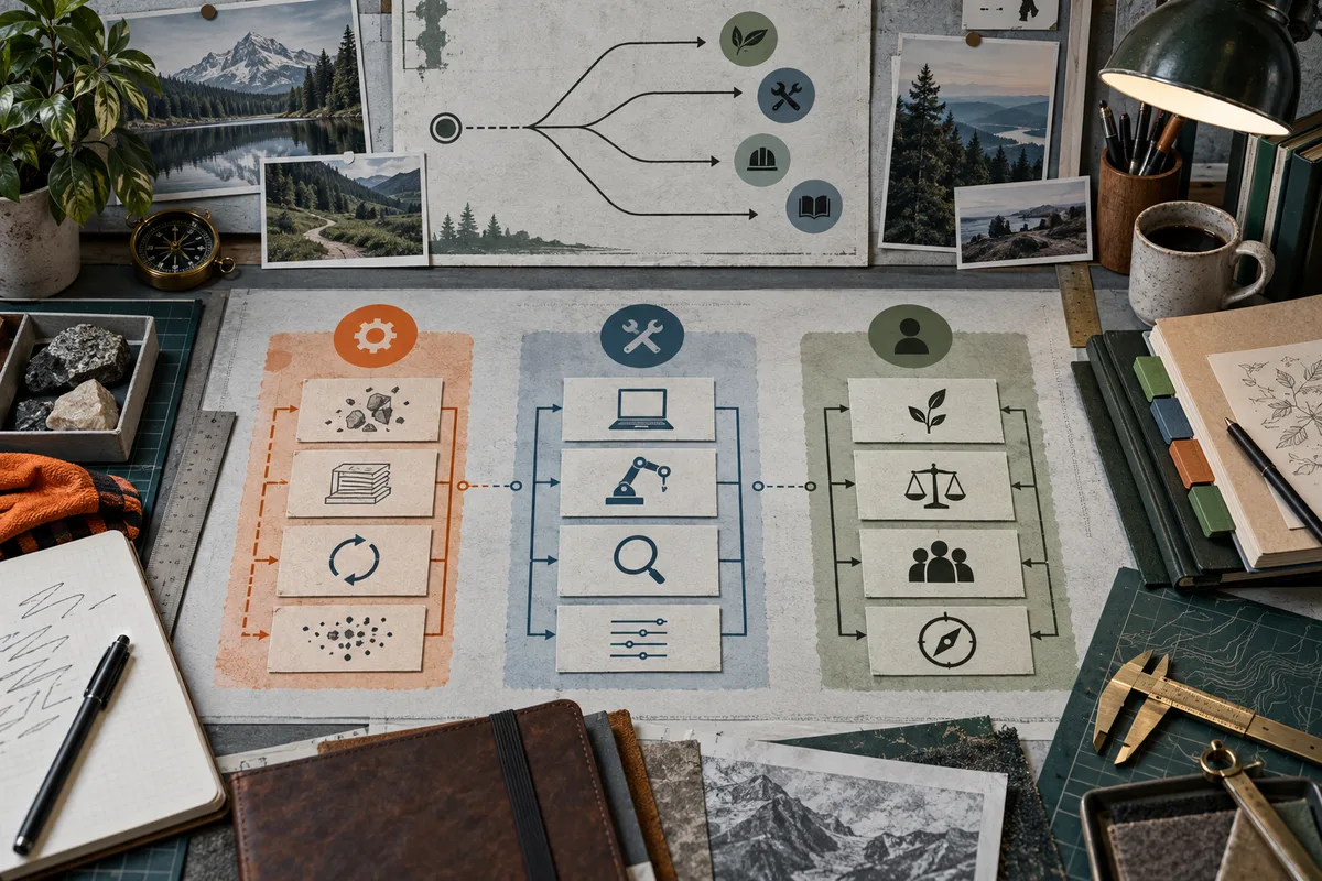 Overhead desk scene with a branching diagram above three colored columns of icon cards. Landscape photographs, a plant, compass, desk lamp, coffee mug, notebooks, books, and drafting tools surround the diagrams.