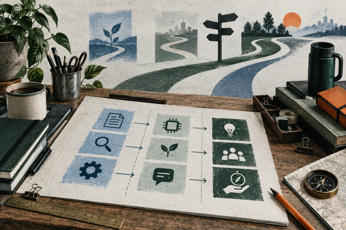 A desk holds a large illustrated sheet with three columns of icons connected by arrows. Behind it are branching paths, a signpost, trees, a skyline, and an orange sun; notebooks, a plant, a coffee cup, a pen holder, a thermos, a compass, and a map surround the sheet.