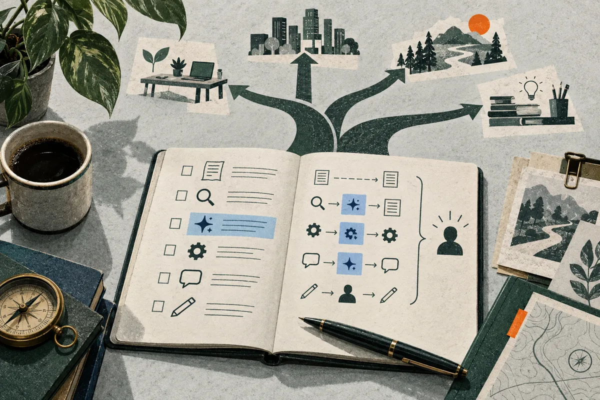 An open notebook shows checkboxes, lines, icons, arrows, and a person symbol. Illustrated paths above it lead toward a desk, a city, a mountain landscape, and stacked books with a lightbulb; a coffee cup, compass, plant, pen, and clipped papers sit nearby.