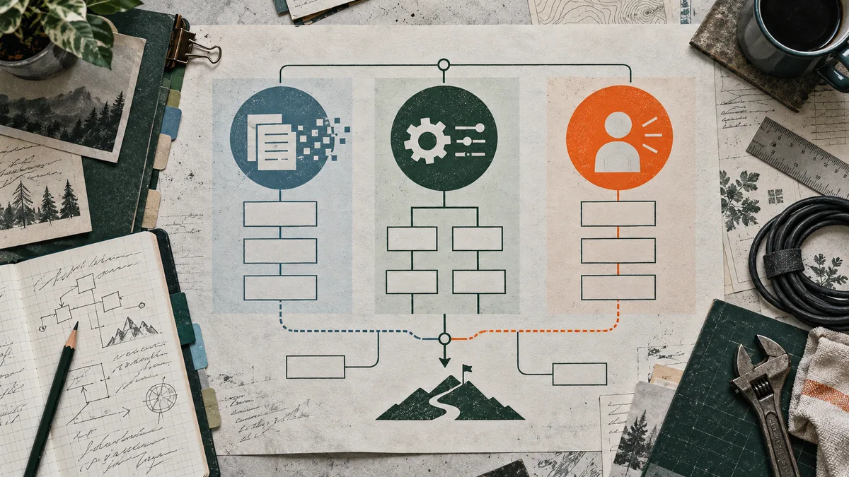 Overhead view of a paper flowchart with blue, green, and orange circular icons, blank boxes, branching lines, and a mountain path illustration, surrounded by notebooks, photographs, a coffee mug, a ruler, and a wrench.