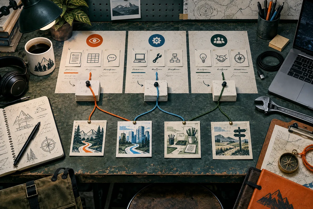 Workbench scene with three illustrated cards connected by orange, blue, and green cords to four smaller picture cards, surrounded by a desk lamp, coffee mug, headphones, laptop, notebooks, tools, and books.