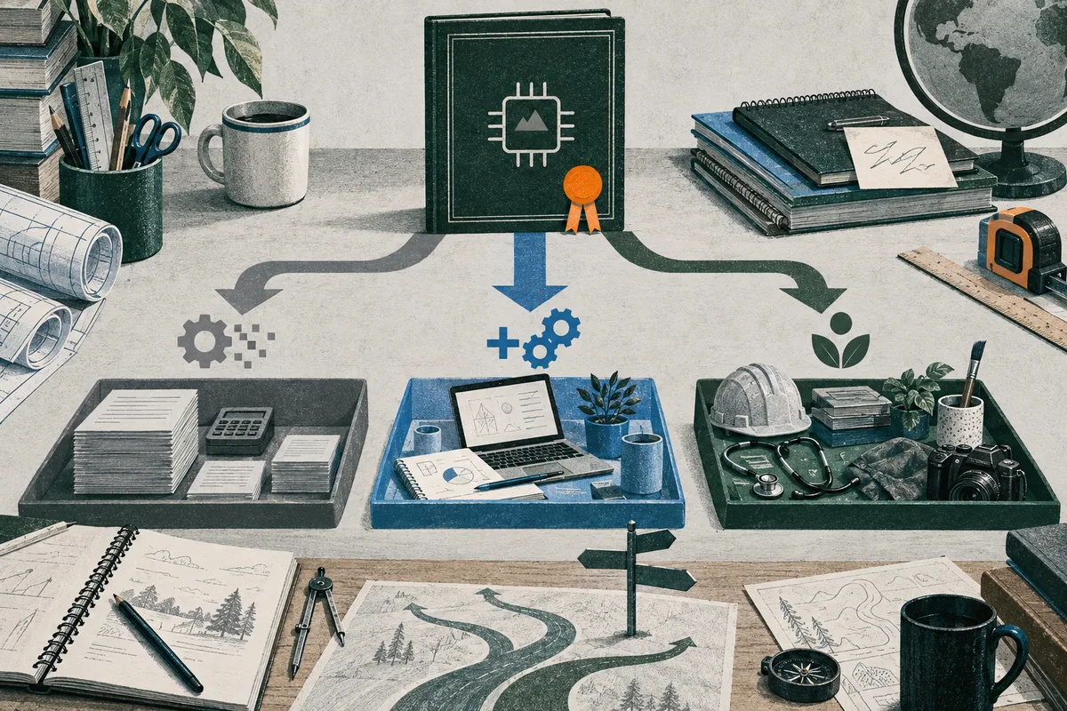Illustrated tabletop with a dark green book bearing a chip symbol and orange ribbon, arrows leading to three trays of papers and work objects, with maps, notebooks, plants, a hard hat, a camera, and a globe nearby.