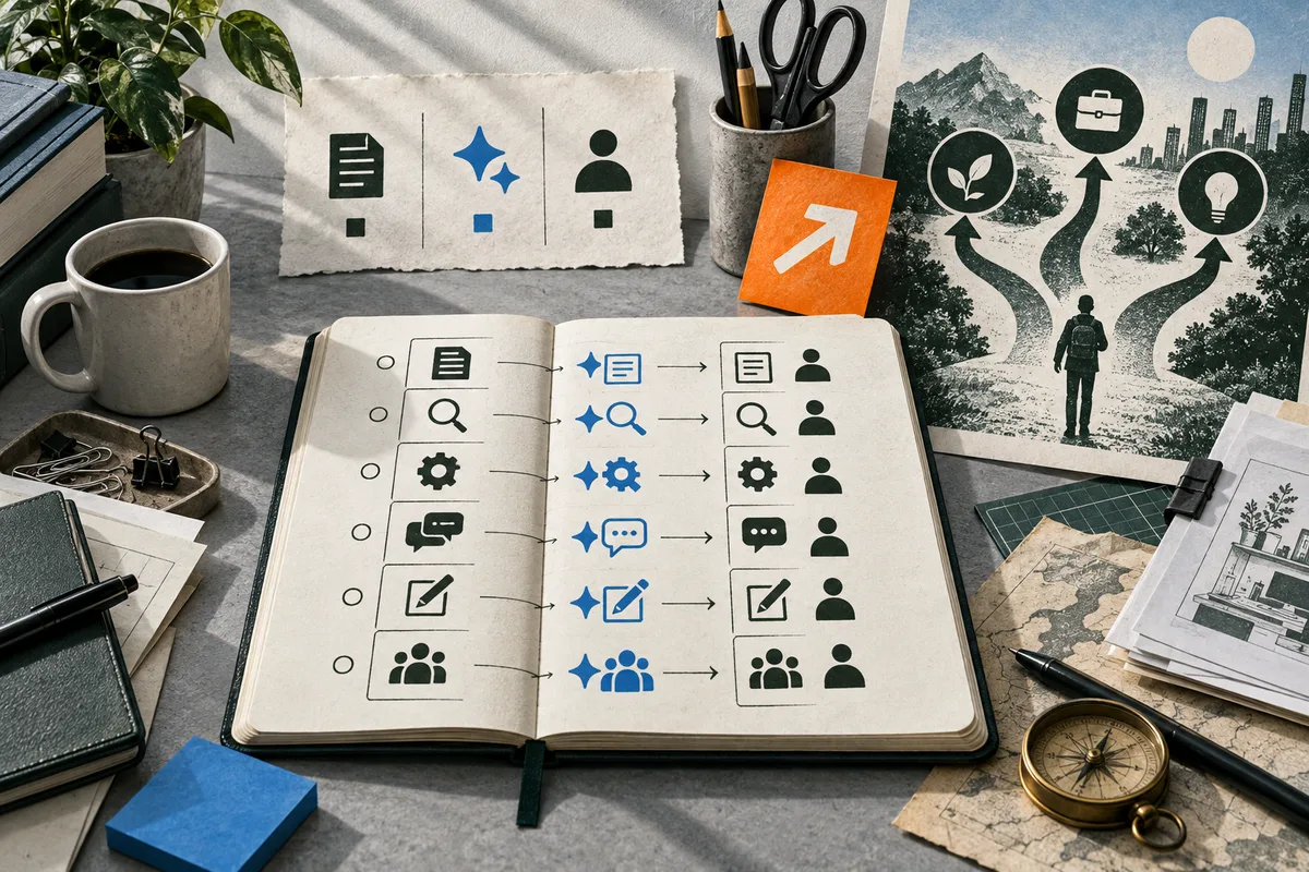 An open notebook with rows of document, search, gear, message, pen, and group symbols sits on a desk beside a coffee cup, scissors, a compass, papers, and a branching path illustration.