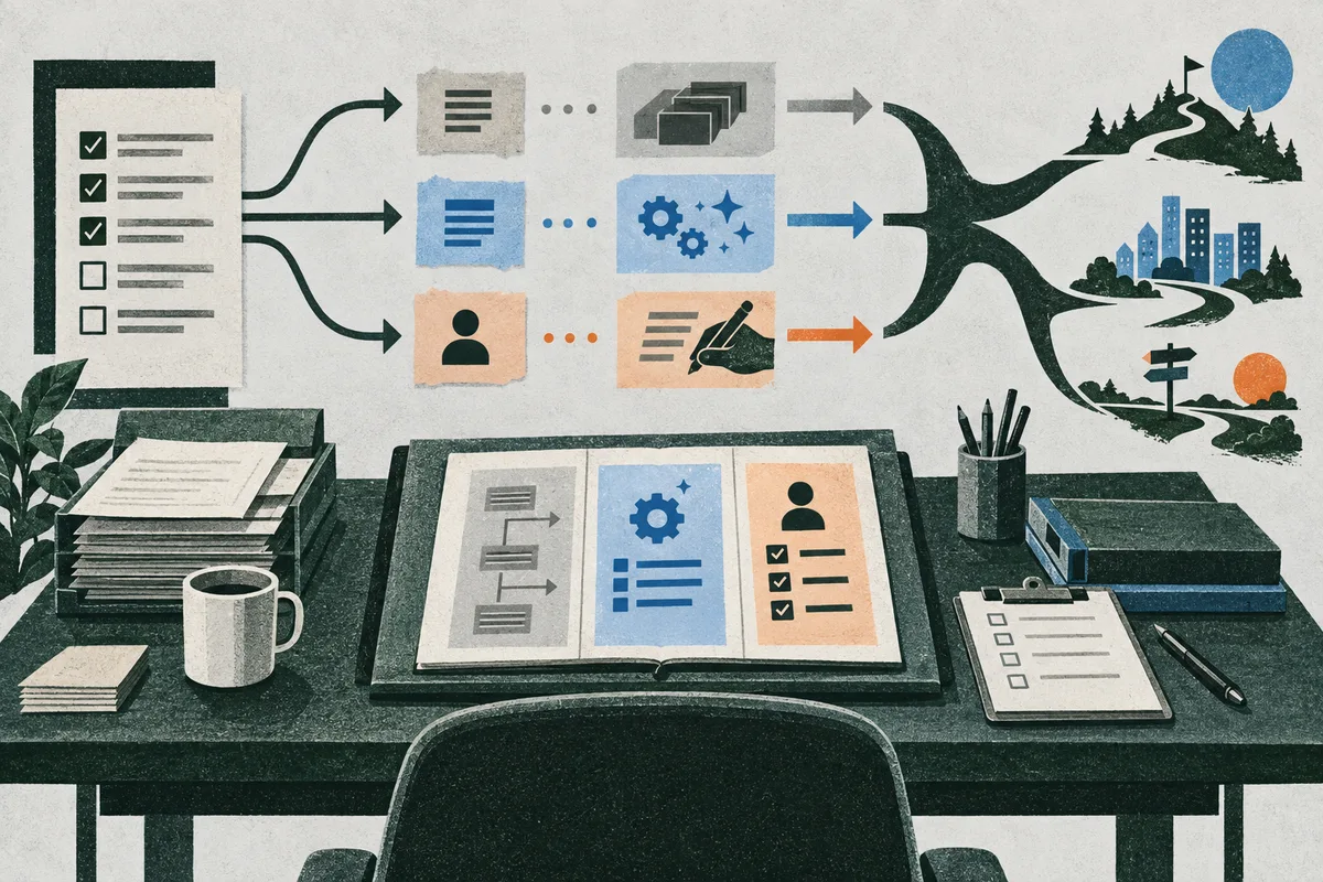 A desk with an open notebook, papers, a coffee cup, books, and a checklist is shown beneath diagram-like arrows leading from task symbols toward three branching illustrated paths.