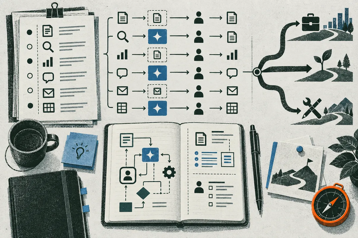 Papers and symbol rows connect through arrows to document and person icons, while an open notebook, pen, coffee cup, compass, and three branching illustrated paths surround the layout.