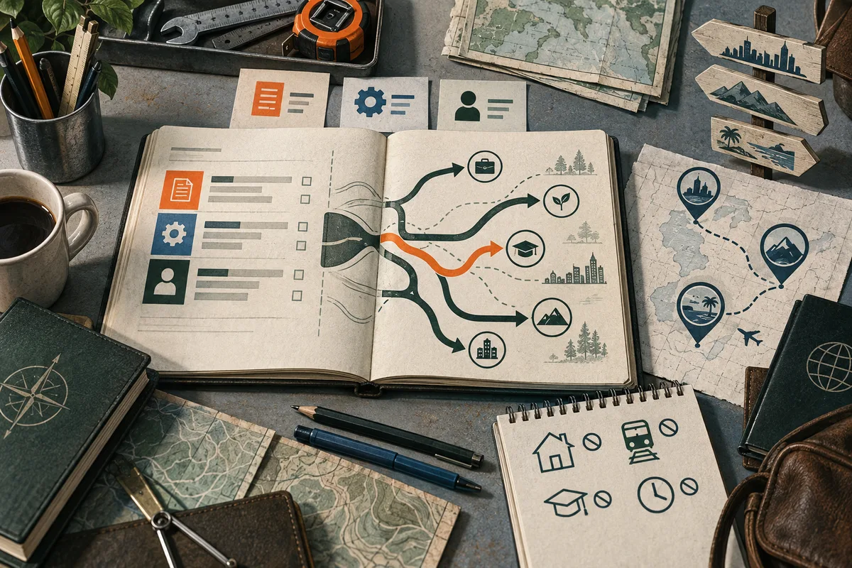 An open notebook maps task icons to branching career paths, with a route map, ruler, pencils, and planning notes around it.