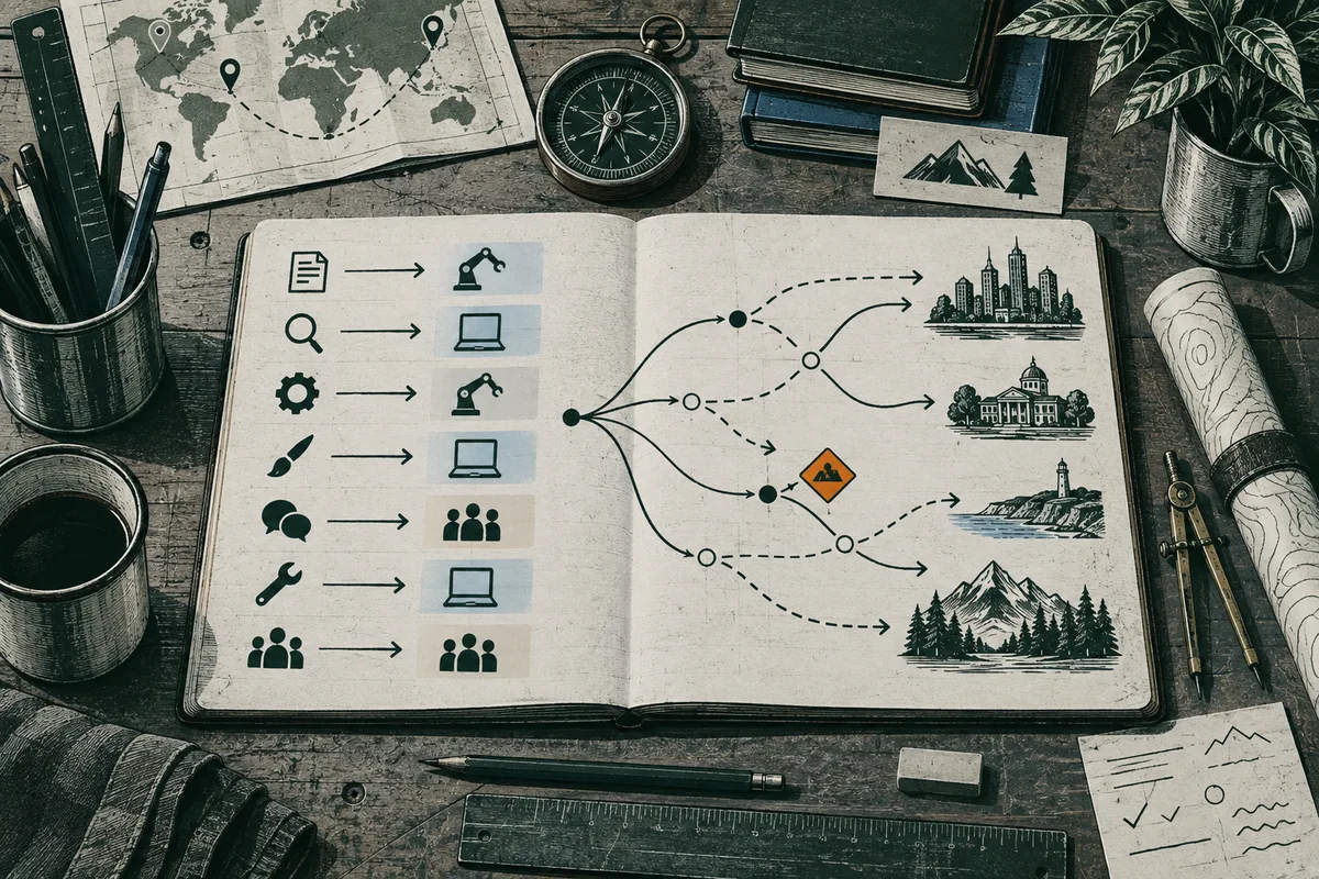 An open notebook pairs task icons with tools and branches into illustrated destinations, beside a map, compass, books, and field notes.