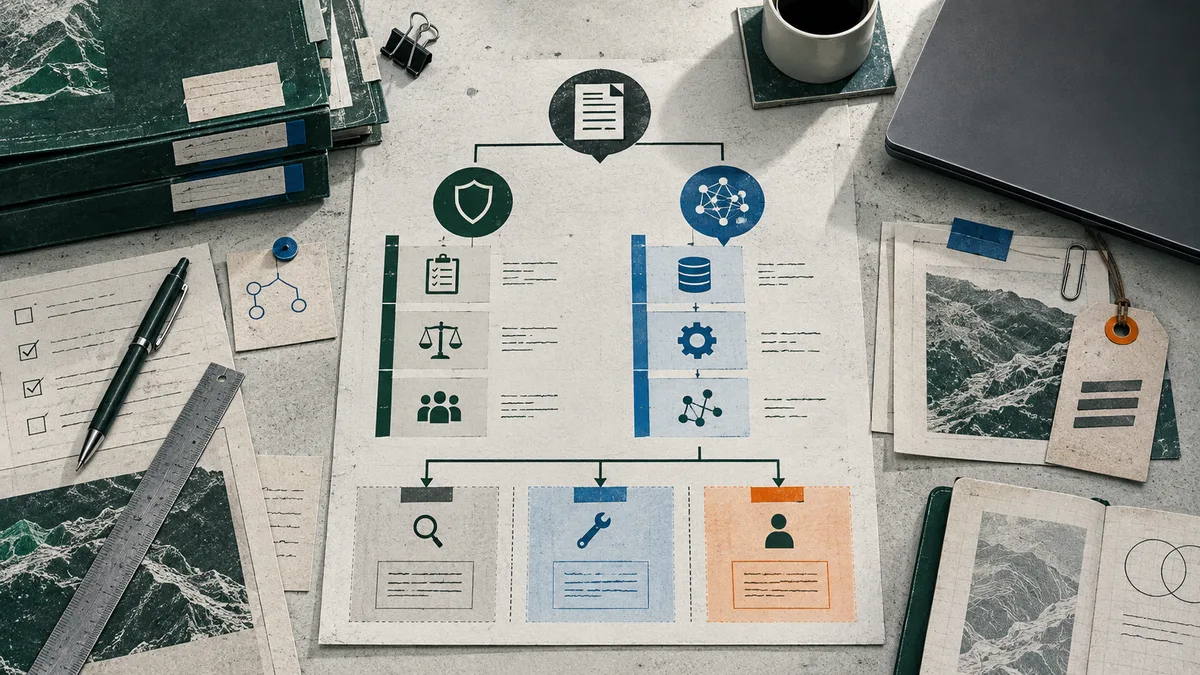 Top-down view of a paper workflow diagram with shield, document, network, database, scales, people, and gear symbols, surrounded by folders, a pen, ruler, coffee cup, laptop, and papers.