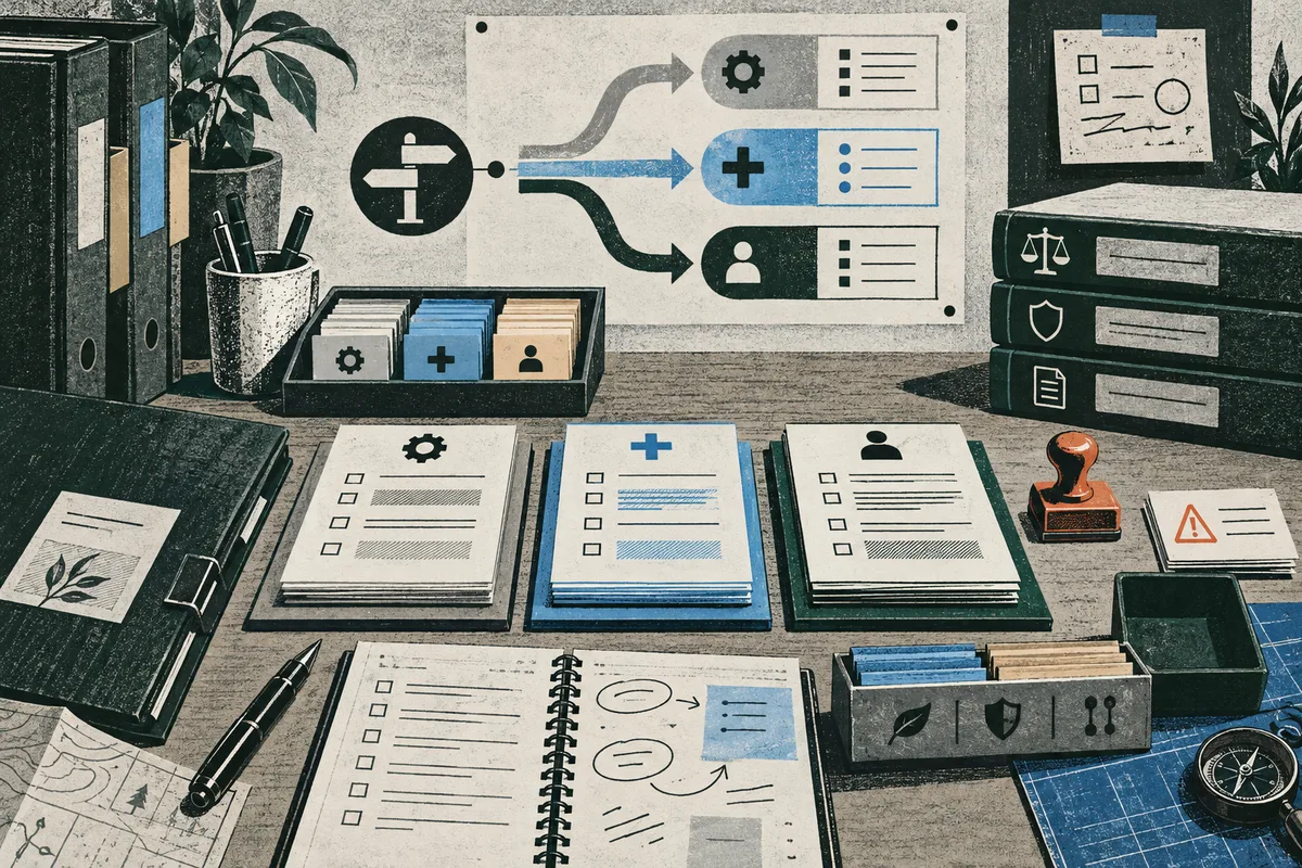 Desk scene with binders, plants, folders, checklists, colored document stacks, a branching arrow diagram, a stamp, a warning card, and a compass.