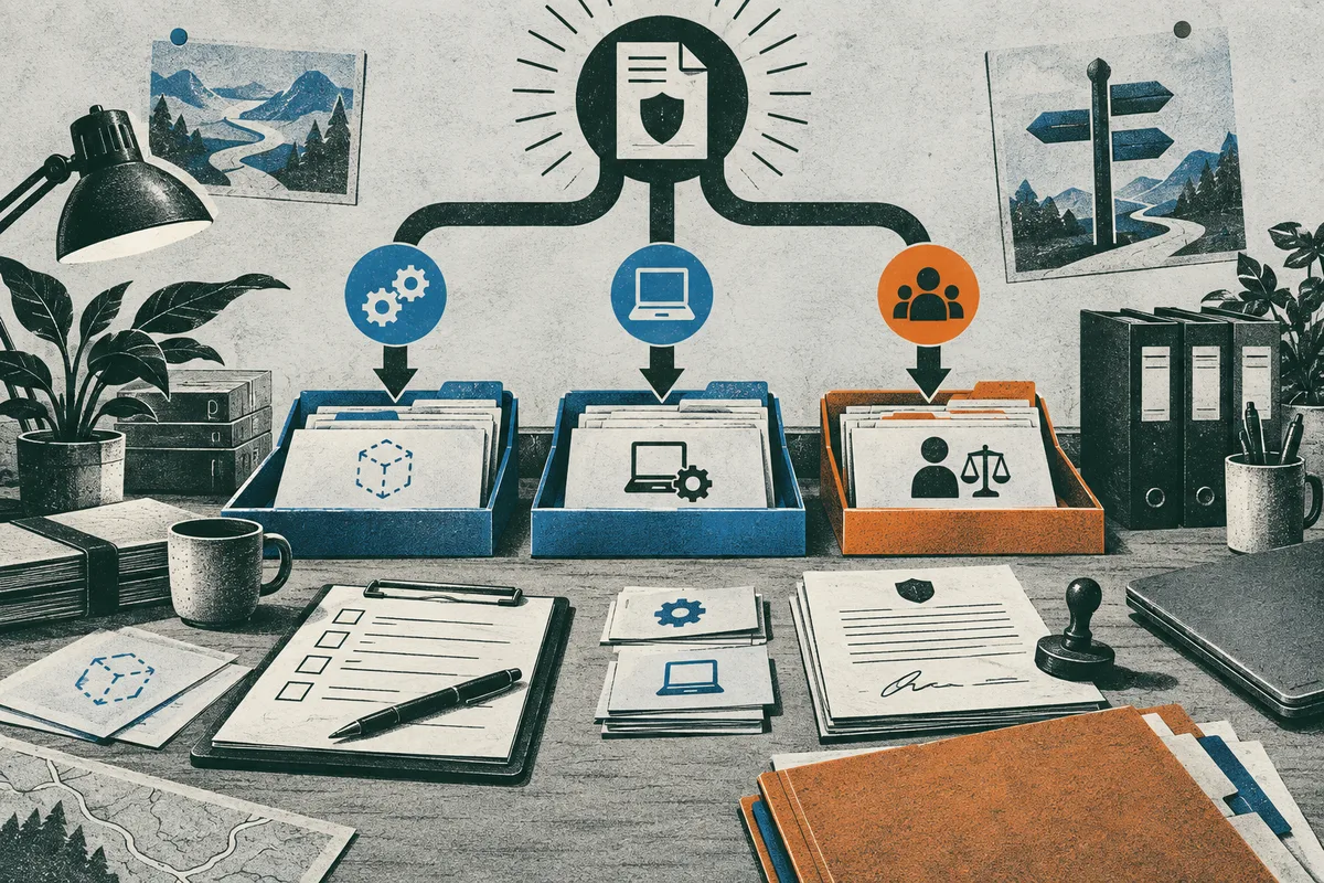 Desk with three colored trays beneath a document-and-shield diagram; the trays contain papers marked with gear, laptop, people, and scales symbols, alongside checklists, a stamp, books, maps, and plants.