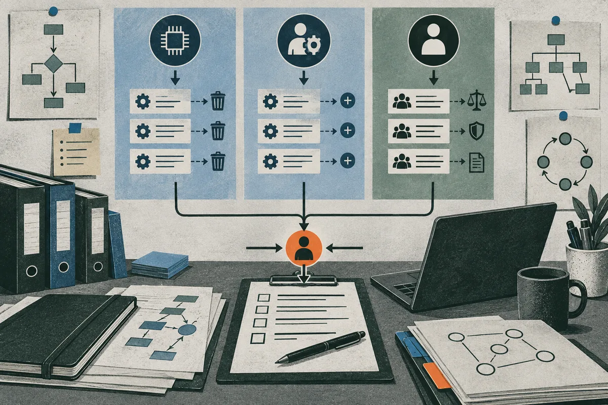 Desk with a laptop, binders, papers, and a checklist beneath three wall panels showing chip, person-and-gear, and person symbols, with arrows leading to trash, plus, scales, shield, and document symbols.