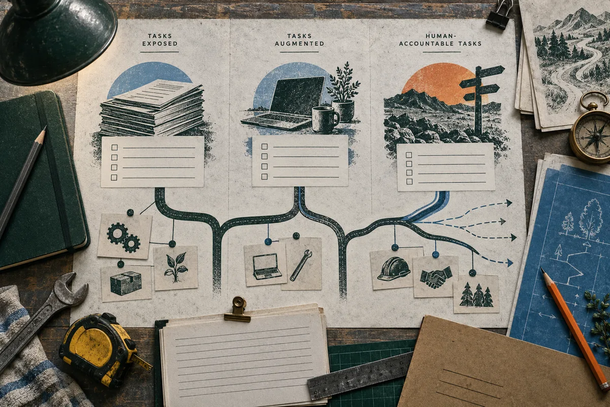 A paper task map divides work into exposed, augmented, and human-accountable sections, with checklists, branching paths, and workshop tools around it.