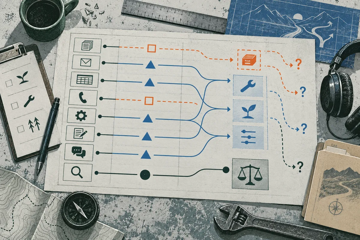 A diagram of work task icons connects by blue and orange lines to tools, plants, sliders, a balance scale, and question marks.