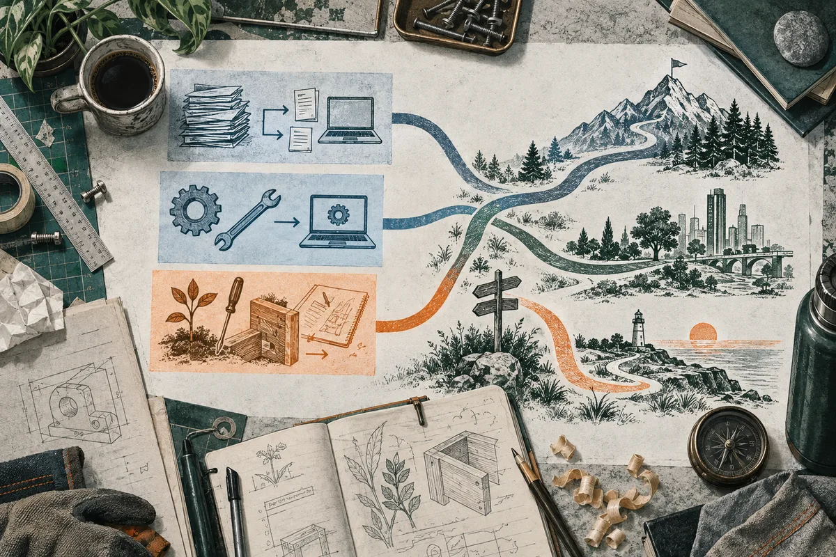 An illustrated workbench scene shows three task panels—books leading to a laptop, a gear and wrench leading to a laptop, and a plant beside woodworking tools and notes—connected to branching paths through mountains, forest, a city, and a lighthouse by the sea.