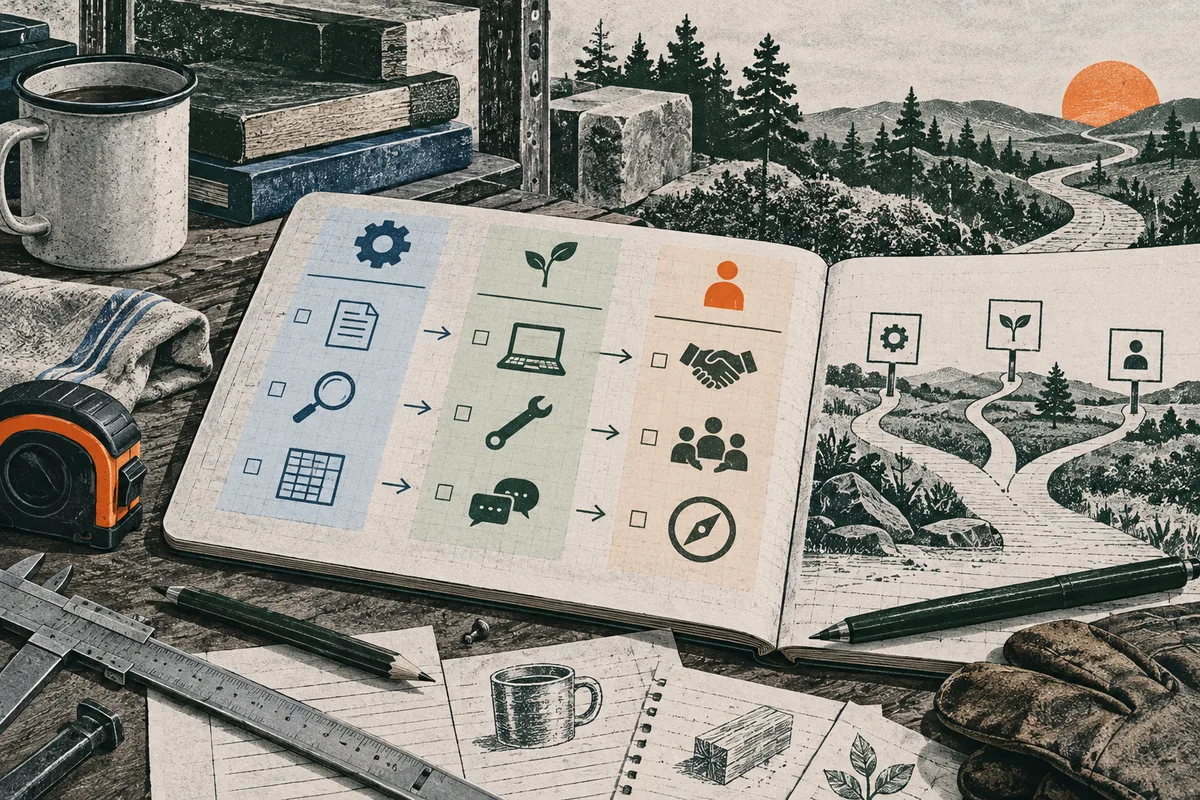 An illustrated task ledger with rows of icons and arrows sits beside branching paths through a forested landscape, surrounded by books, a mug, headphones, pencils, and notebooks.