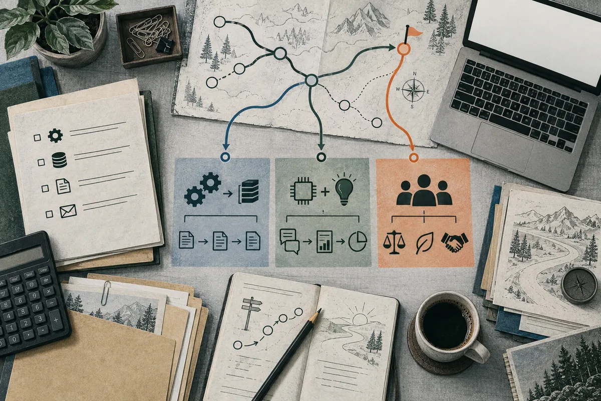 Overhead illustration of branching paths on a map above three panels of gears, a chip and light bulb, and people with balance scales and a handshake, surrounded by a laptop, checklist, calculator, notebook, and coffee cup.