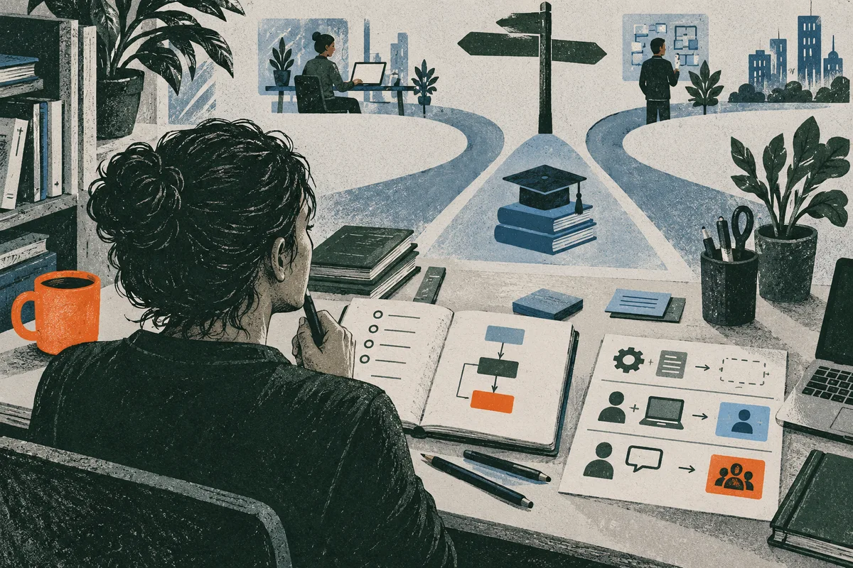 Illustration of a seated person studying flowcharts at a desk, with a branching path toward books and a graduation cap, an office, or a city skyline.
