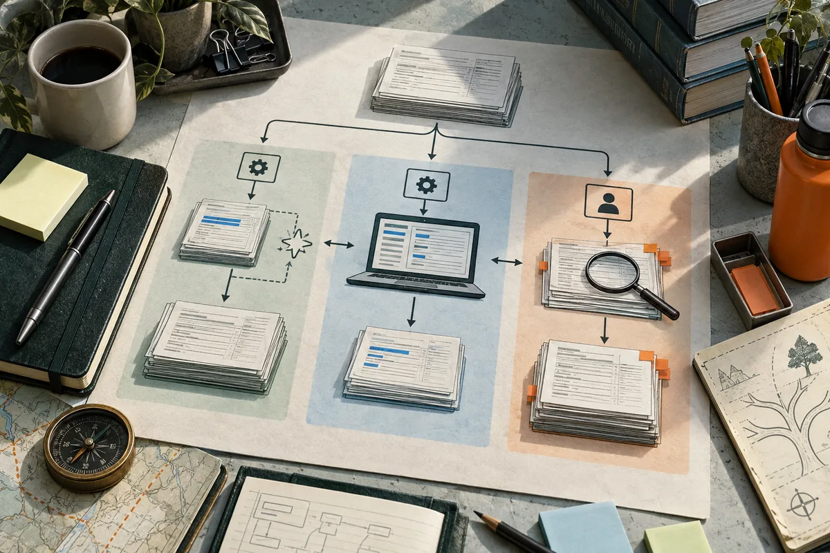 A laptop and stacks of forms sit on a desk beneath branching arrows connecting gear and person icons; a magnifying glass rests over one pile of paperwork.