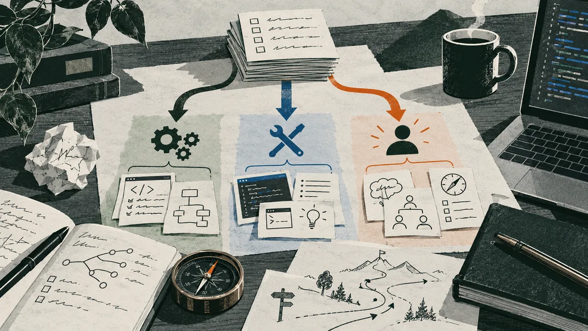 A desk covered with task notes branches into three illustrated work areas: gears, tools, and a person, with a compass and route sketches nearby.