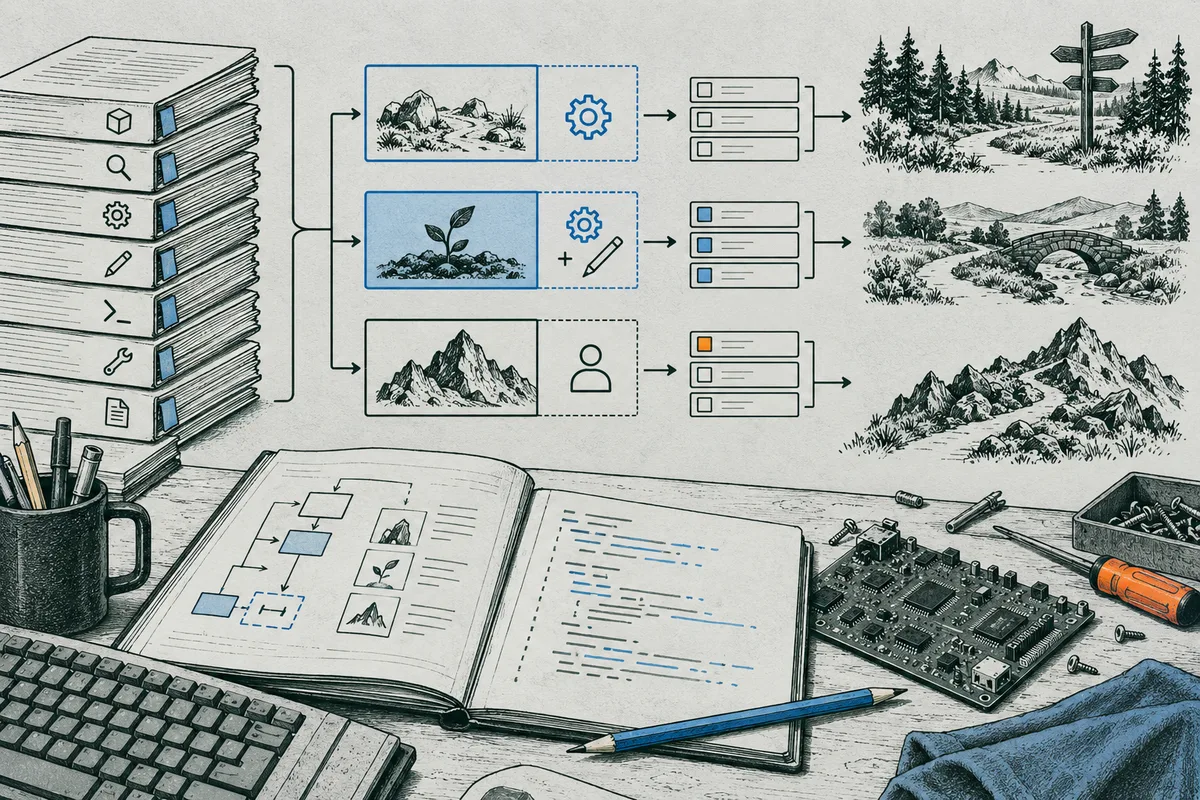 A field guide diagram branches from a stack of books into three task rows with landscape sketches, gear or person icons, checklists, and separate paths through mountains, a garden, or a bridge. An open notebook, keyboard, and circuit board sit on the desk.