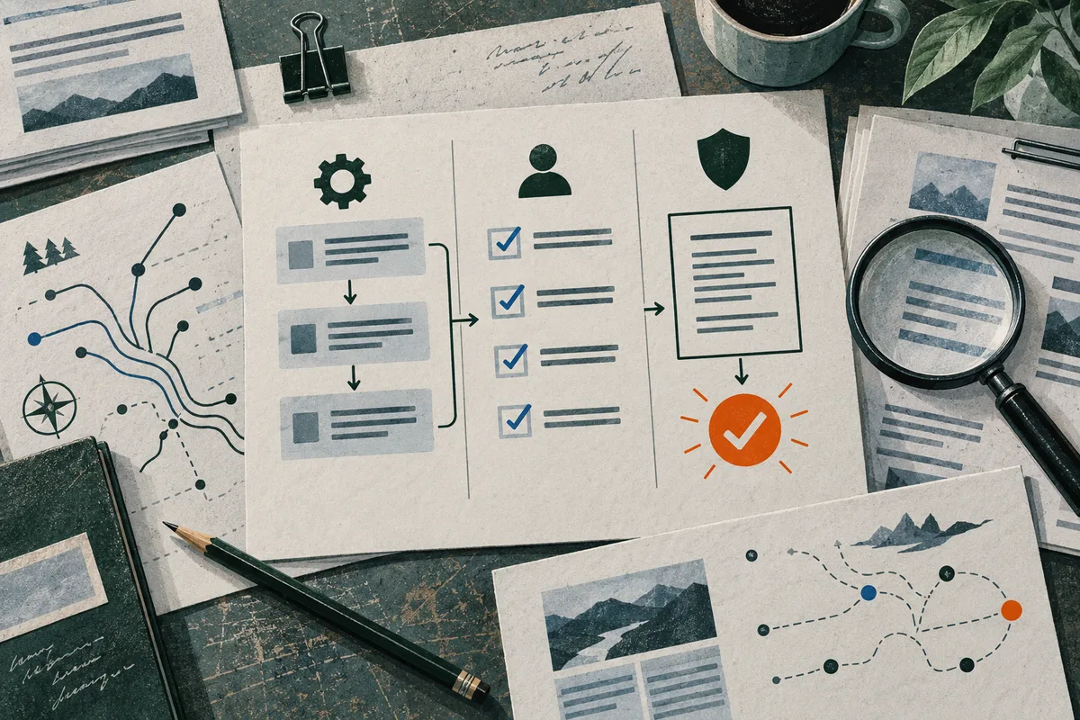 Overhead view of papers with flow diagrams, blue checkmarks, a document under a magnifying glass, and a large orange checkmark, alongside a pencil and coffee cup.