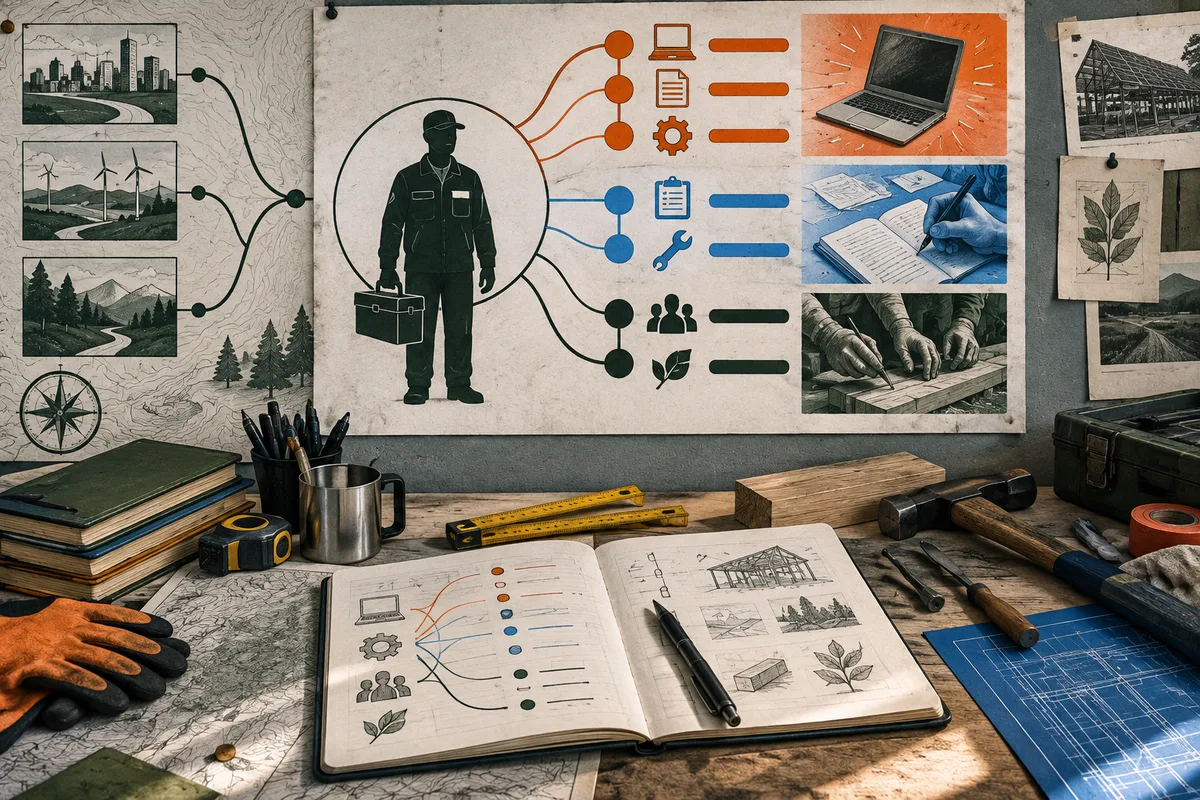 An illustrated workbench holds an open notebook with diagrams, tools, and books. A wall display shows a worker connected by colored lines to icons and scenes of computers, paperwork, people, and plants, alongside landscape sketches.