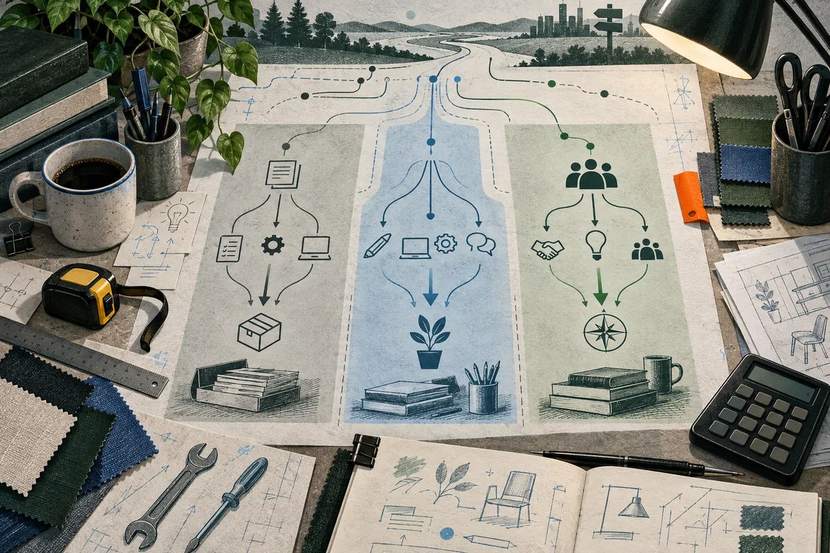 Overhead illustration of a worktable with three tall paper panels showing branching arrows, document and tool icons, people symbols, and a potted plant; books, a coffee cup, plant, ruler, tools, fabric swatches, notebook, lamp, and calculator surround the panels.
