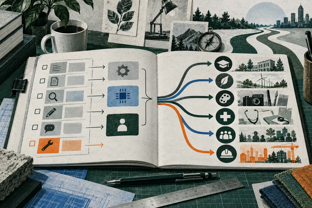 Open illustrated notebook showing a checklist and colored arrows branching toward circular icons and small pictures of buildings, landscapes, a camera, medical equipment, people, and construction; a coffee cup, compass, pens, ruler, blueprint, and fabric swatches surround it.