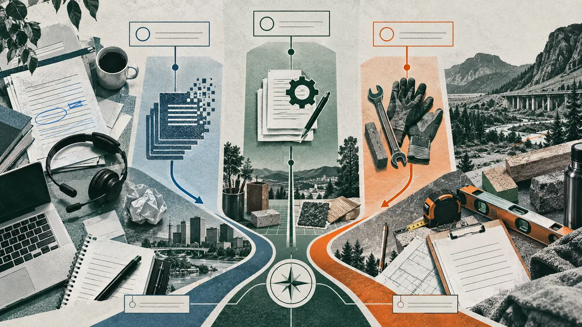 Collage of desks, papers, a laptop, headphones, tools, work gloves, and mountain landscapes. Blue, green, and orange paths lead toward a compass at the bottom center.