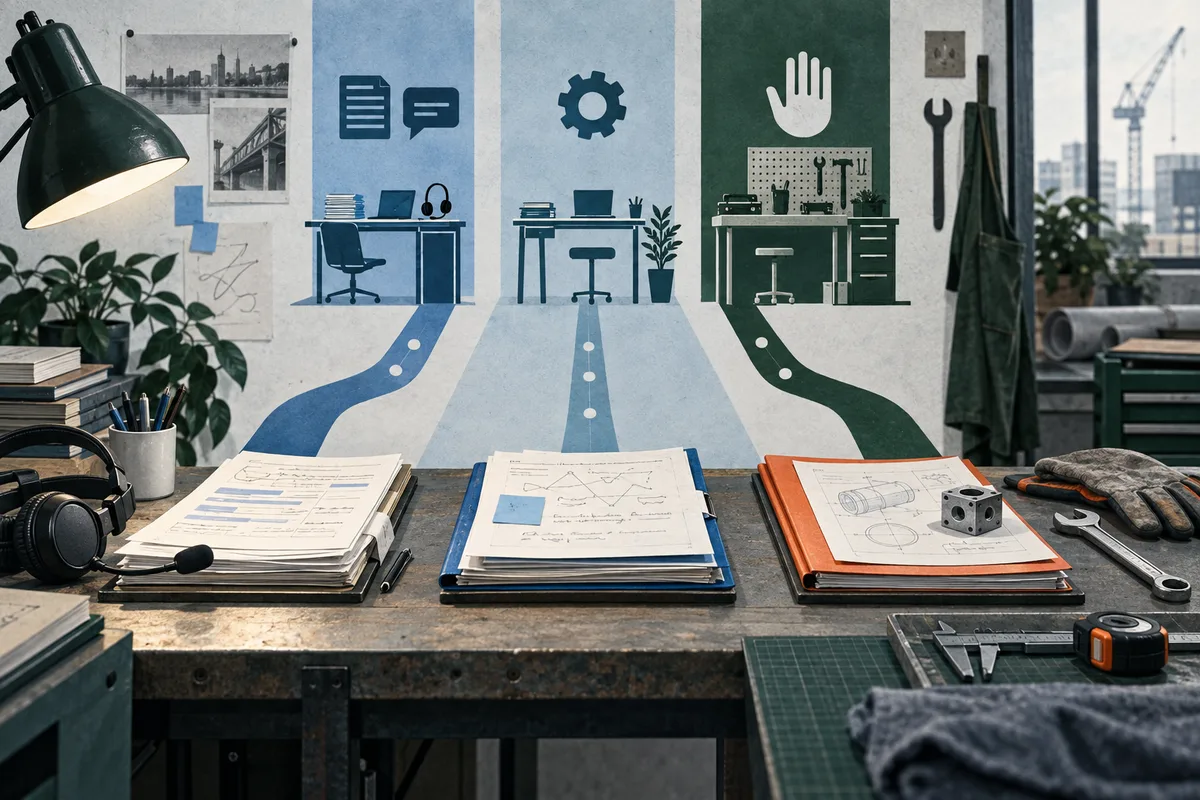 Workbench with three colored illustrated sections showing office desks, a gear, a raised hand, and a tool bench. Binders and hand tools are arranged across the foreground.