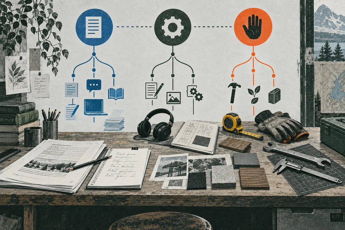 Desk beneath three branching diagrams with document, gear, and raised-hand symbols. Papers, headphones, a tape measure, gloves, tools, fabric samples, and notebooks cover the surface.